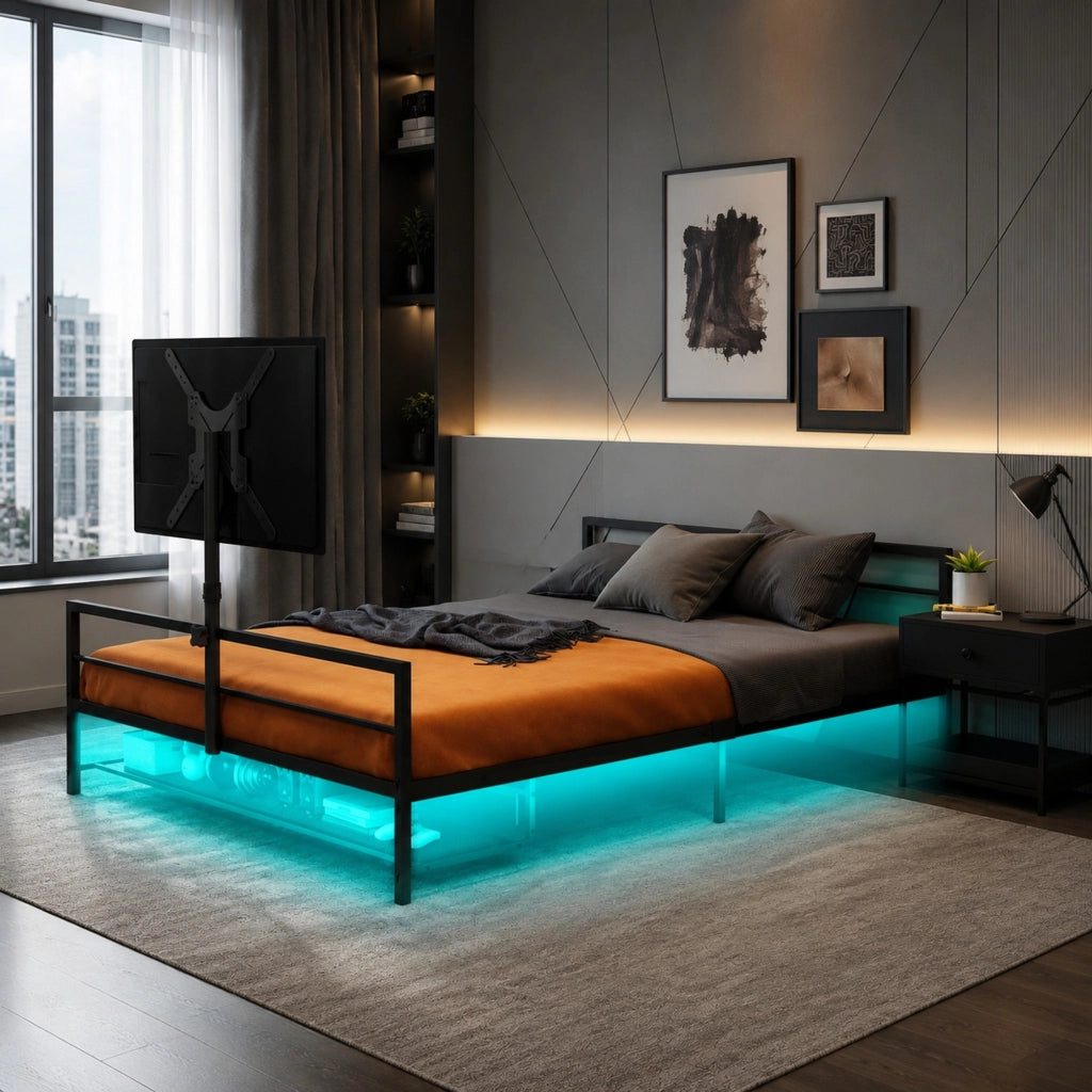 Letto gaming in metallo nero con supporto regolabile, luci LED e cestino contenitore sotto il letto