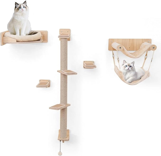 Mensole da Parete per Gatti, Set di Mobili con 2 Amache, Letto, Scalini, Pali Tiragraffi in Juta, Cuscini di Peluche, Arrampicatore in Legno per Gatti da Interno (Modello 1)