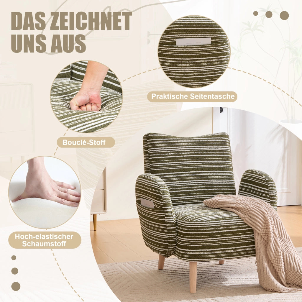Poltrona da Lettura con Tasca Laterale; Comfort Ergonomico; Gambe in Legno Massello in Bouclé Verde Oliva