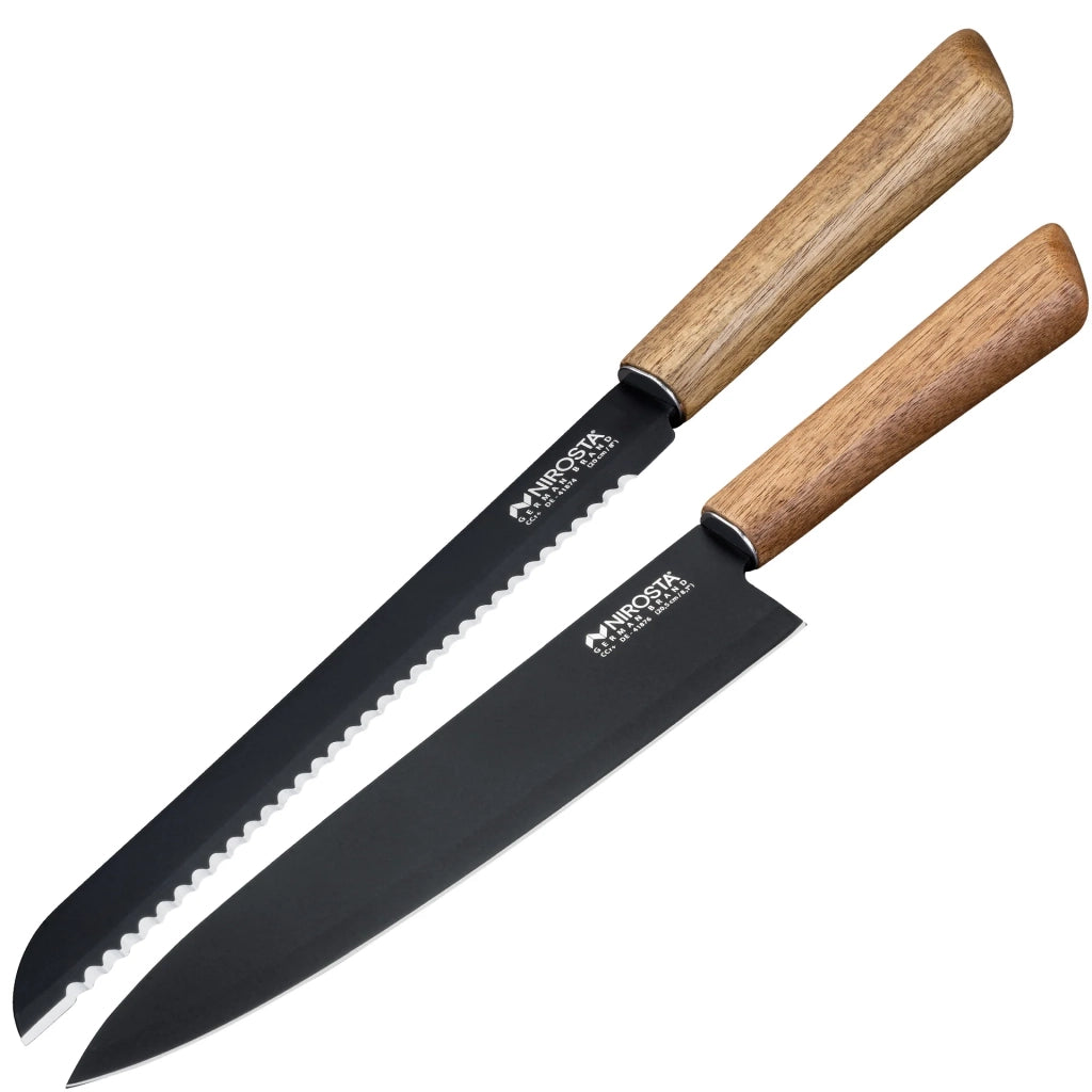 Set 2 Coltelli da Cucina, Nirosta, Linea Flow – Coltello Pane e Coltello Chef – Acciaio Inox e Legno di Acacia