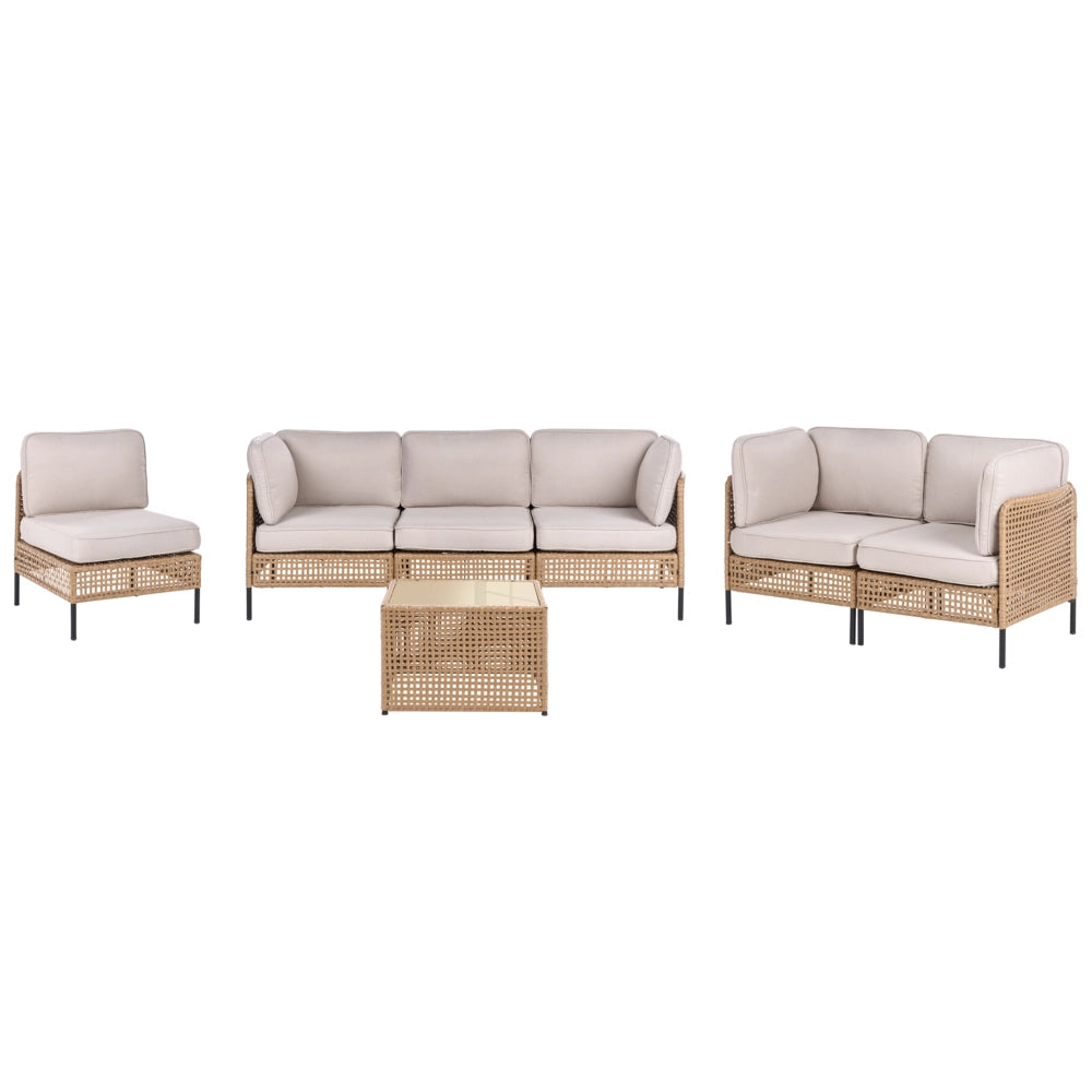 Set da giardino modulare in rattan PE beige chiaro a 6 posti con tavolino in vetro, struttura in metallo e cuscini, stile moderno