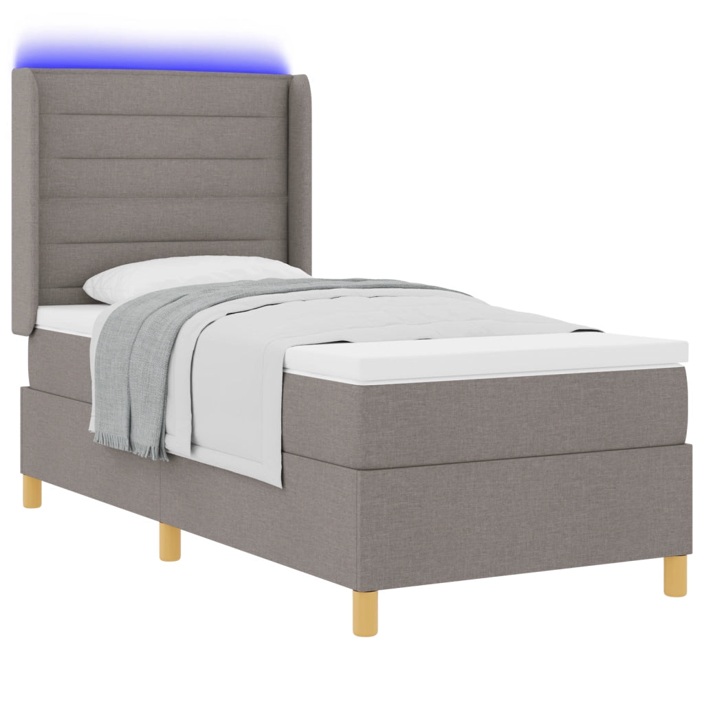 Letto Box Spring con Materasso e LED Tortora 90x200 cm Tessuto