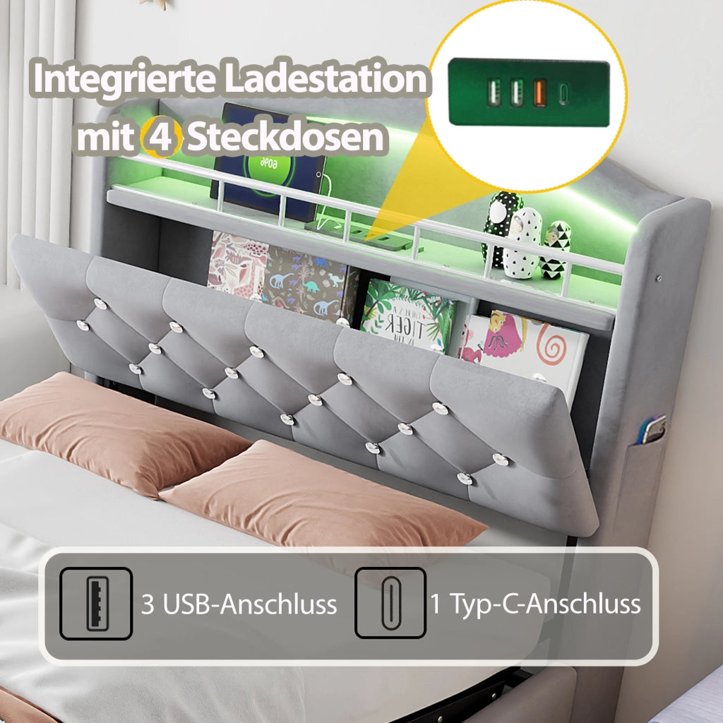 OKWISH Letto con Contenitore 90×200 cm, Letto Singolo con LED Regolabile, USB, Type C e Vano Contenitore, senza Materasso, Grigio