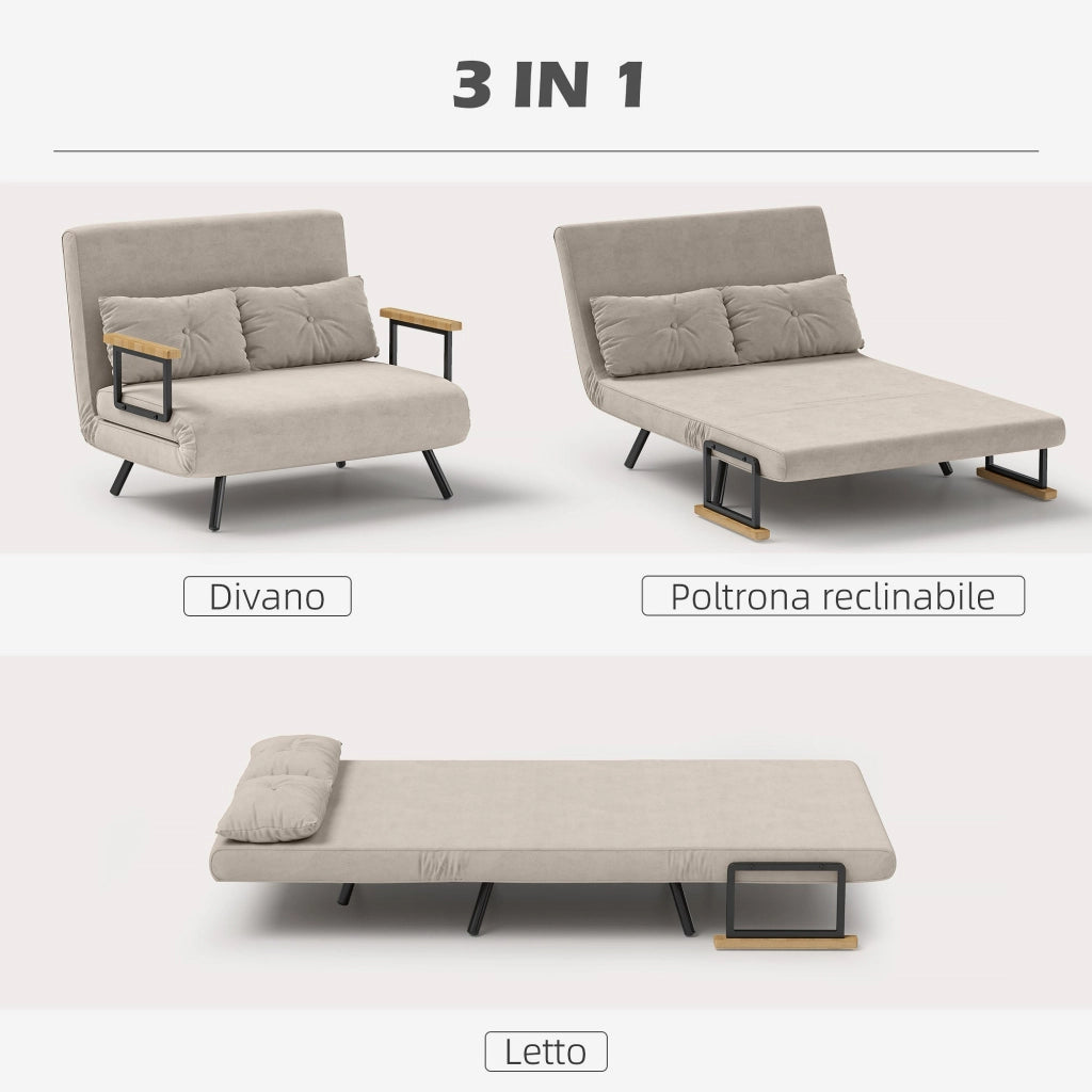 Divano Letto con Schienale Reclinabile e 2 Cuscini in Tessuto Effetto Velluto Bianco Crema