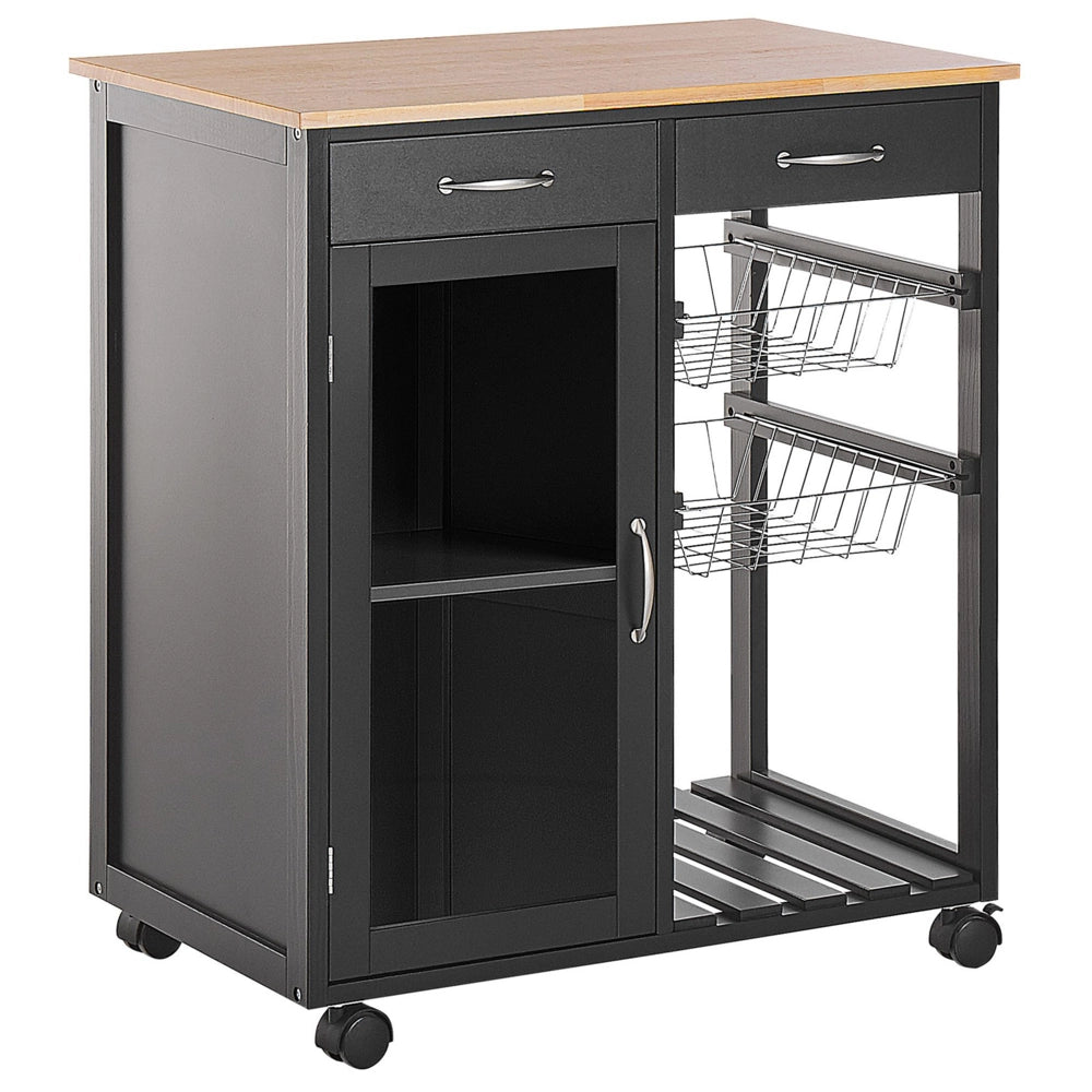 Carrello Cucina Legno Pino Nero 2 Cassetti 1 Mobiletto 2 Scaffali Ruote Soggiorno