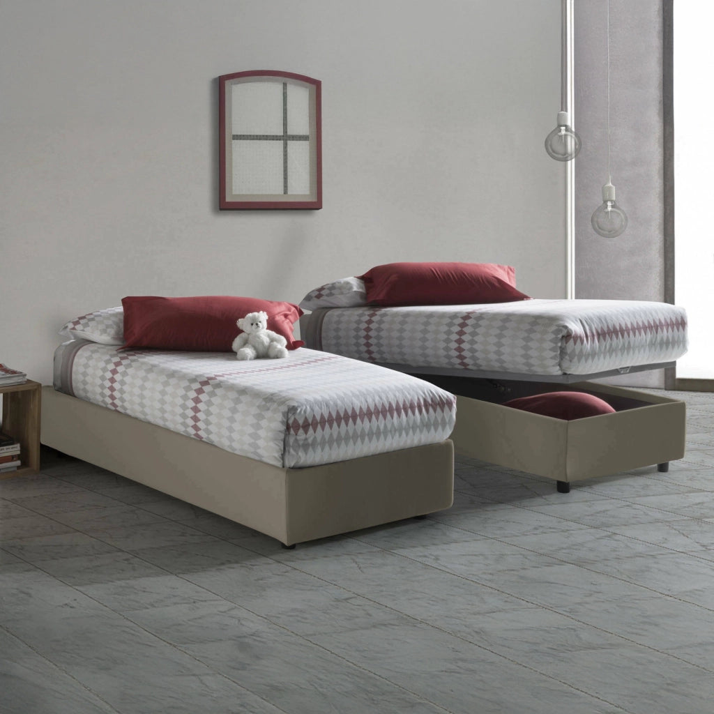 Letto singolo Ayla, Letto contenitore con rivestimento in ecopelle, Made in Italy, Apertura frontale, adatto per materasso cm 90x200, Tortora