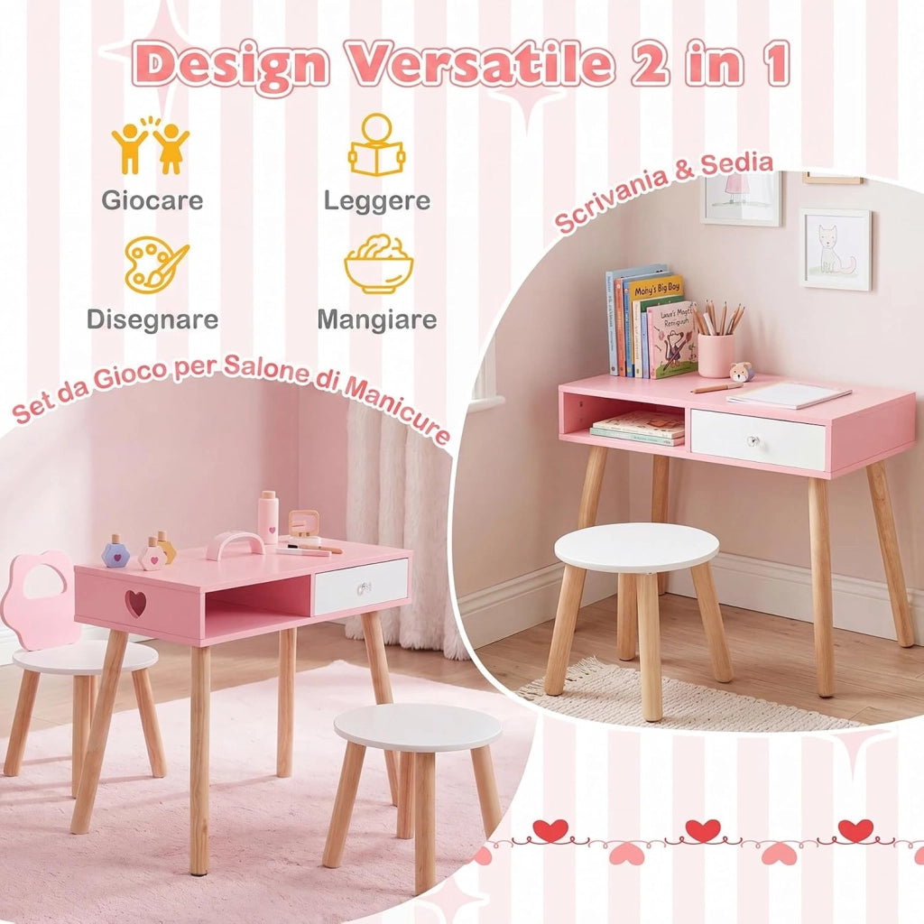 2 in 1 Set Tavolo Manicure per Bambini per Cameretta | Set Toeletta per Bambini con 2 Sedie in Legno con Cassetto e Scomparto, Postazione Trucco per Gioco e Studio, 61 x 35 x 51 cm