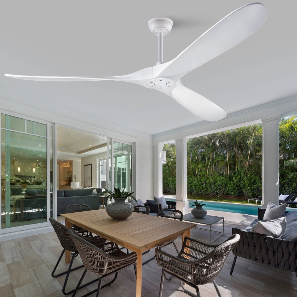 Ventilatore da soffitto bianco design moderno 70 pollici, 3 pale legno massello, senza illuminazione, motore DC reversibile silenzioso