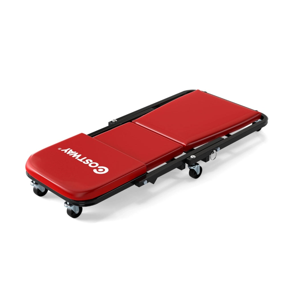 Sgabello automobilistico pieghevole e 6 rotelle universali, Sgabello per meccanico convertibile per officina Rosso-Utensili