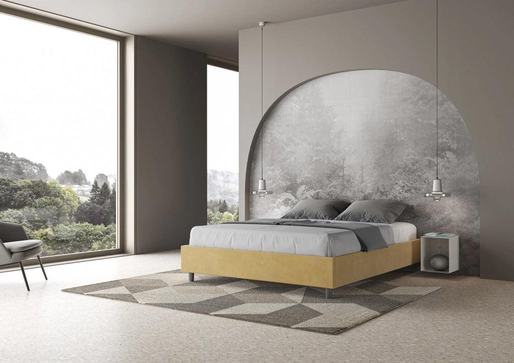 Letto Matrimoniale 160x200 cm con Rete e Contenitore Giroletto con Alzata Comoda Imbottito in Microfibra Azelia Ocra