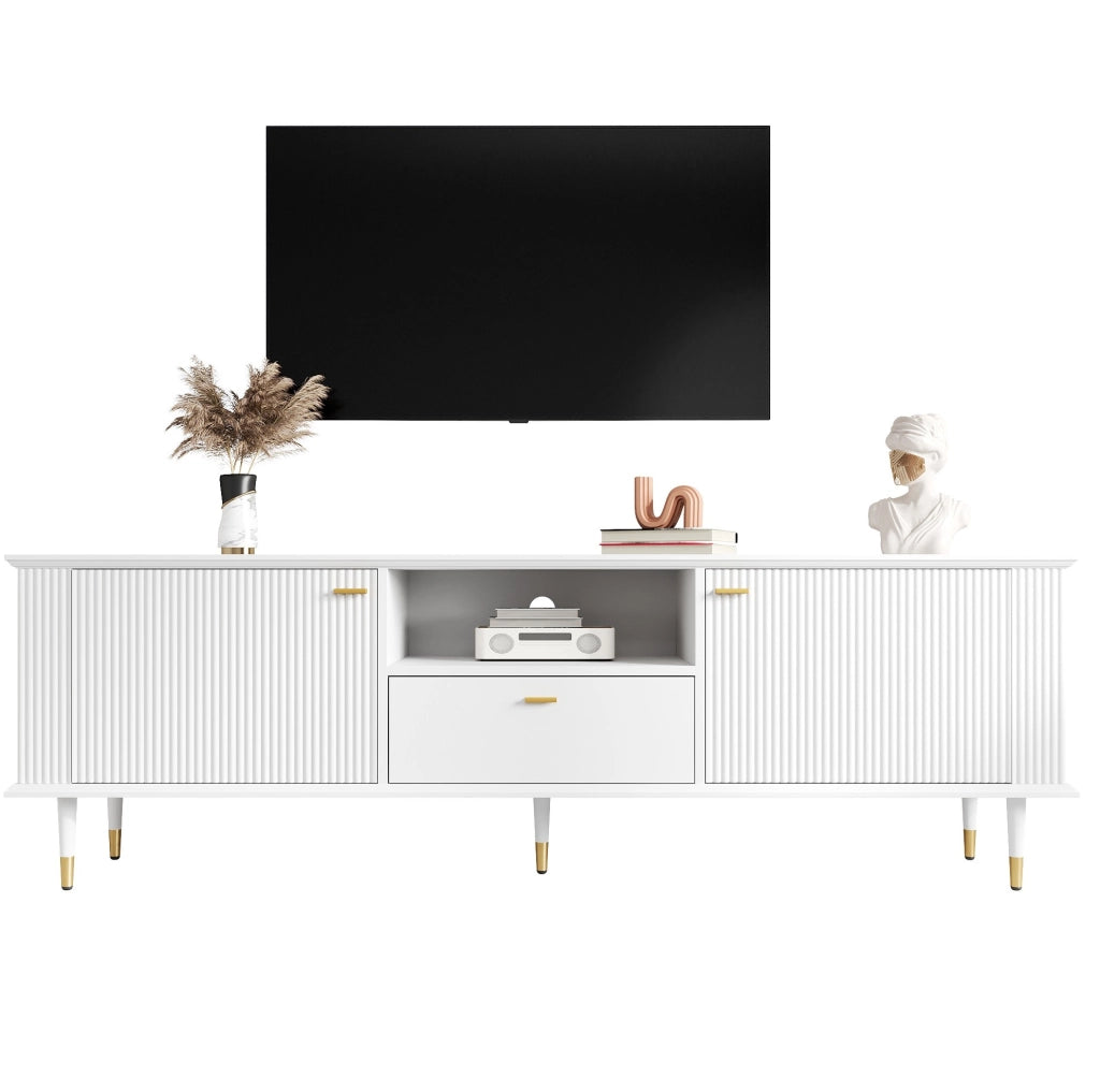 Mobile TV 170x36x54 cm con passacavi e chiusura soft-close in MDF bianco