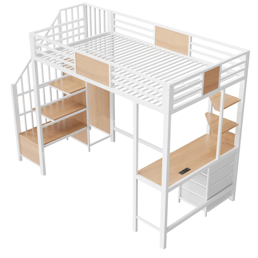 Hochbett in metallo 90x200 cm con scrivania, ripiani, bastone appendiabiti, LED e presa europea