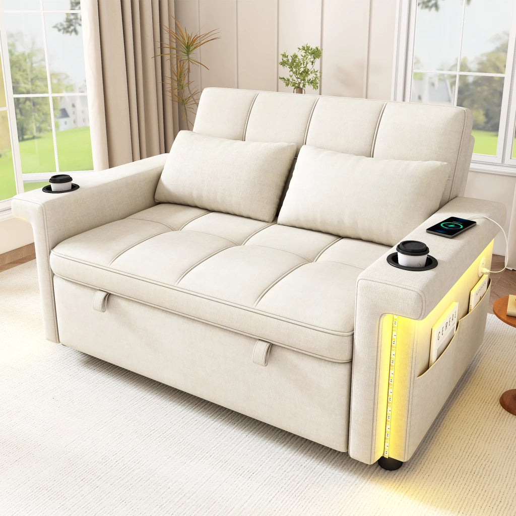 Divano letto 2 posti con schienale regolabile; LED; USB/Type-C; tasche laterali in chenille beige