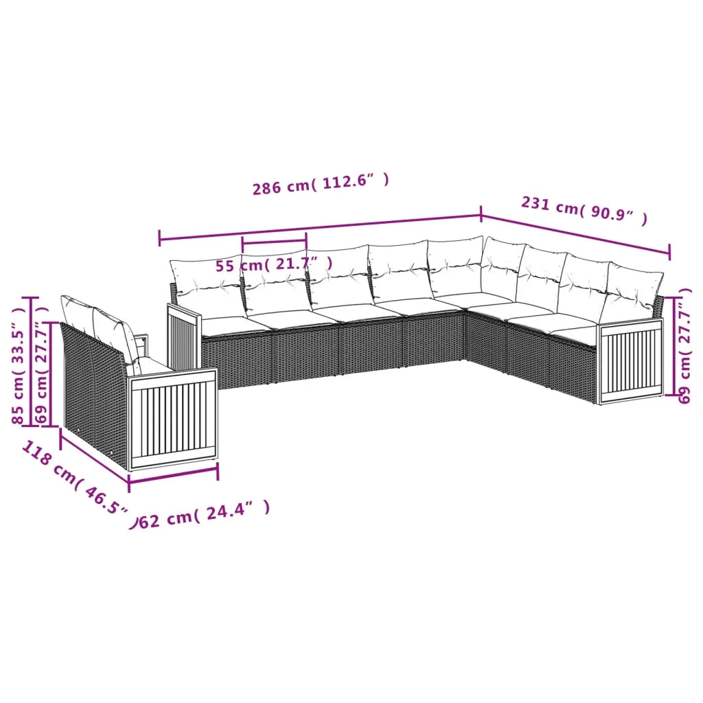 Set Divani da Giardino 10pz con Cuscini in Polyrattan Nero 3227792