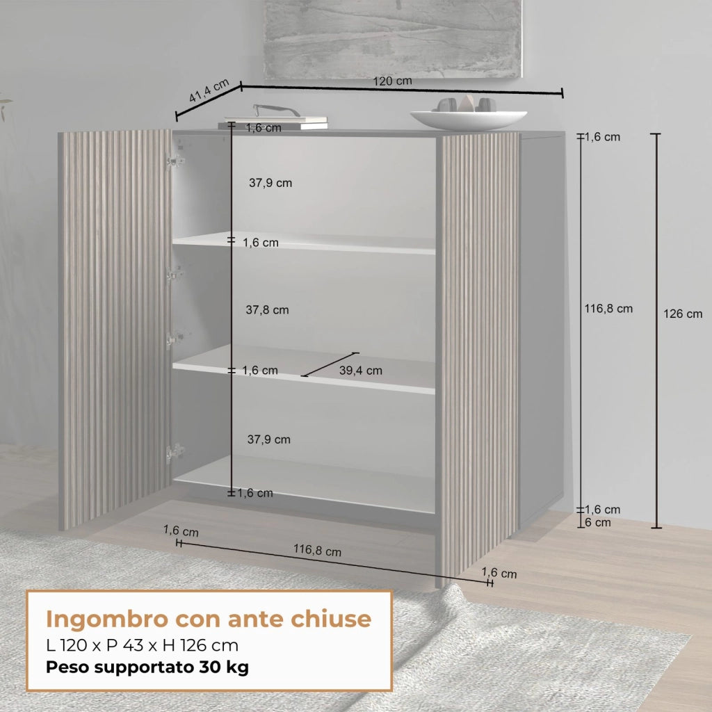 WHOUS Credenza Coste a 2 ante effetto cannetè antracite opaco e legno scuro 120x43x126 cm