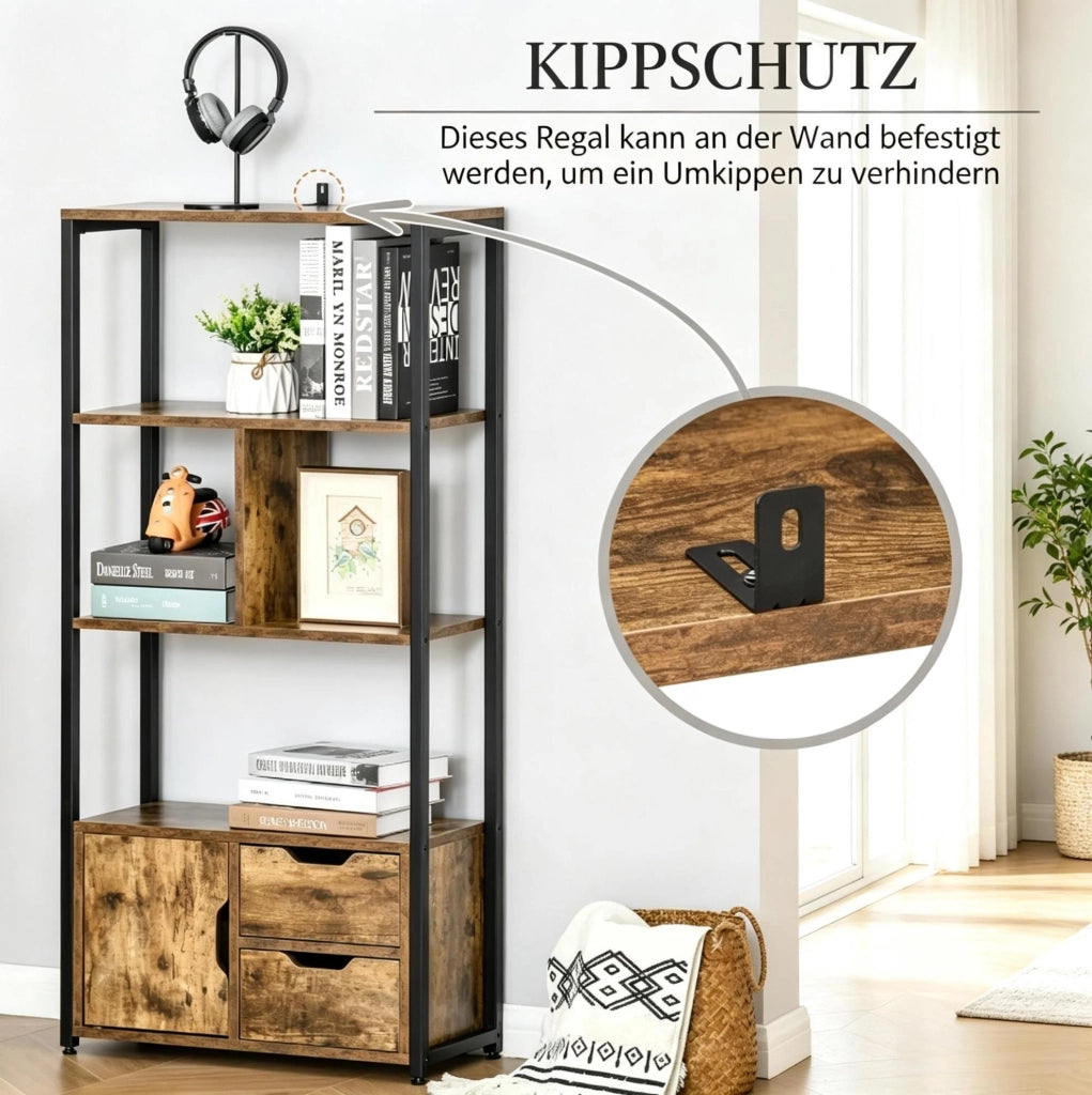 Libreria 58x24x122 cm nera e legno， con vano aperto e chiuso