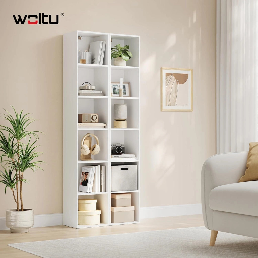 Libreria Verticale a 6 Cubi, Scaffale Alto e Stretto a Colonna, Porta CD e Libri, Mobile Bianco Moderno per Camera, Soggiorno e Ufficio, 30x24x158,5cm SK003ws6
