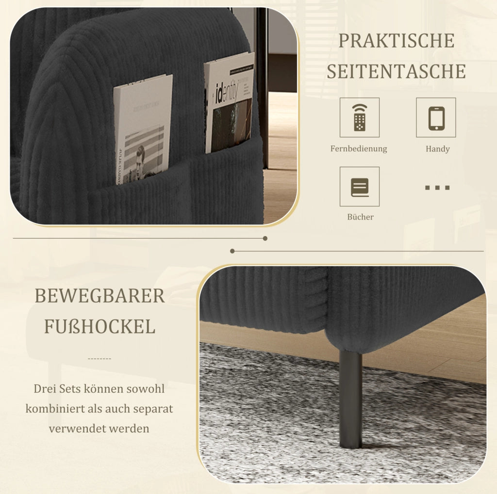 Poltrona singola in corduroy grigio con tasca laterale; 67 x 75 x 79 cm