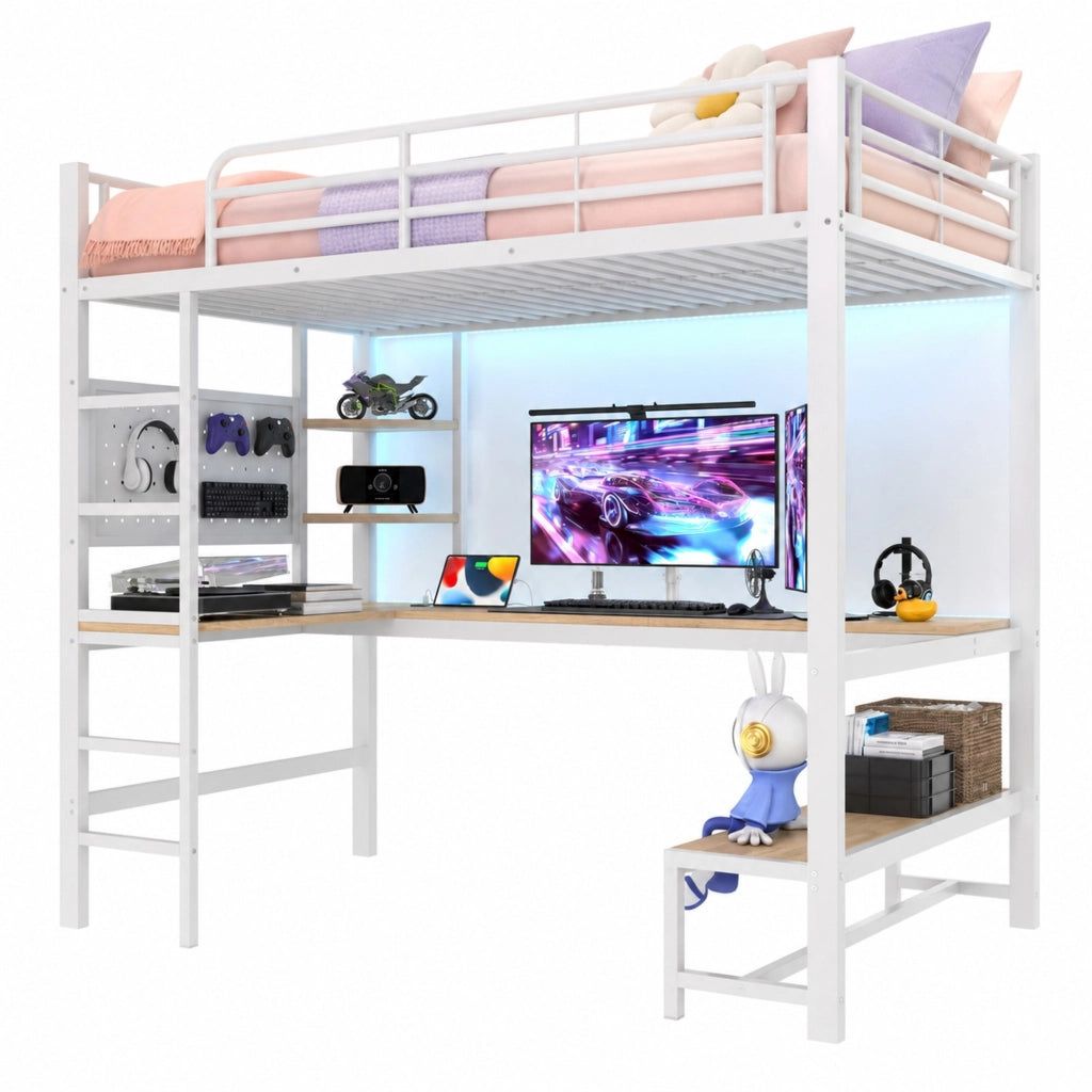 Letto a soppalco 90 x 200 cm con scrivania, LED, presa USB e Tipo-C bianco