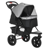 2 in 1 Passeggino per Cani Pieghevole a 3 Ruote con Freno, Cestino Portaoggetti e Porta Bottiglia, in Acciaio e Oxford, Grigio e Nero, 109.5x57.5x106.5cm
