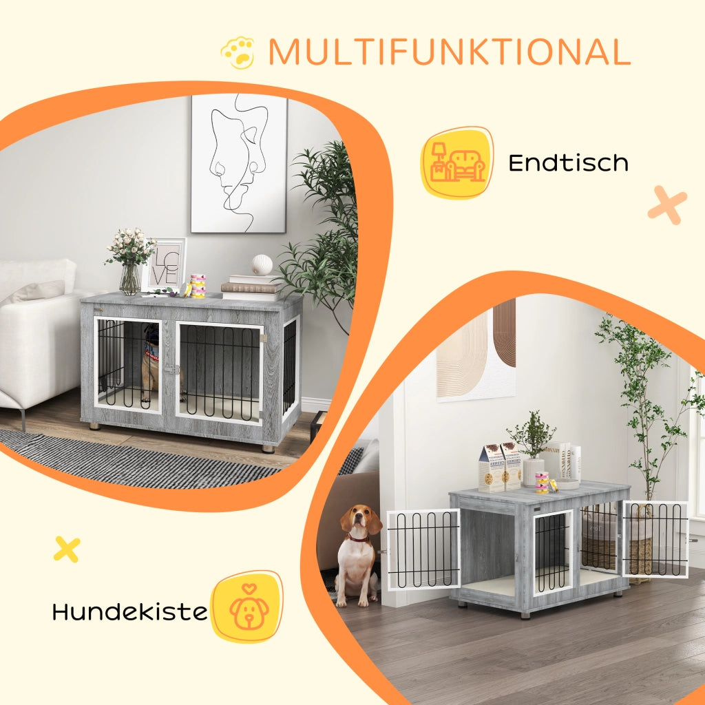 Scaffale per cani con due porte e due chiusure, interno imbottito, struttura in acciaio, grigio 90 × 58 × 65 cm