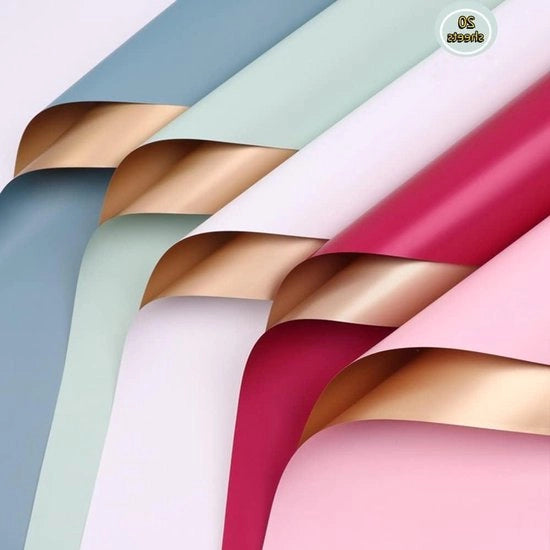 Pacco di carta per confezionamento a doppia faccia con fiori d'oro, 5 colori, 20 fogli, 50x50 cm, impermeabile