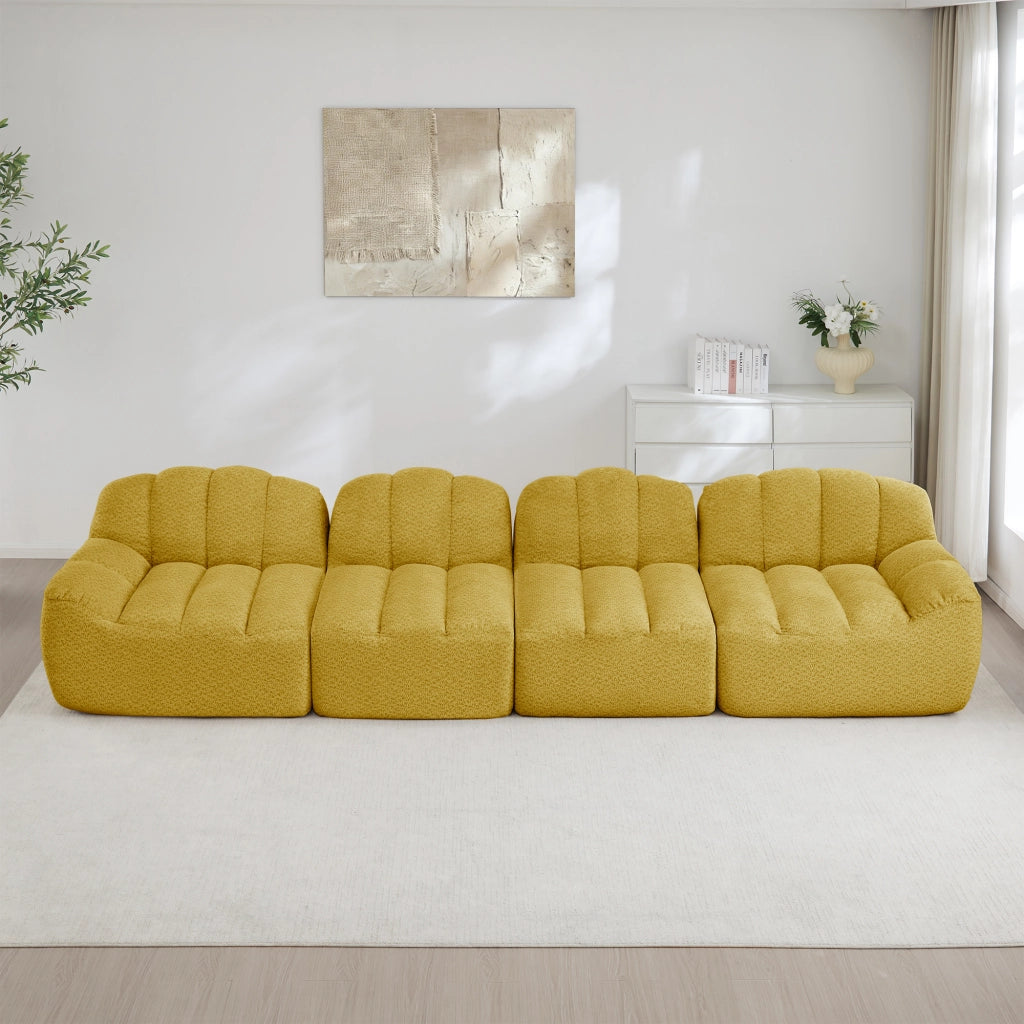 Divano modulare ad angolo con seduta profonda e schienale ergonomico in pile granulato giallo 366 × 104 × 79 cm