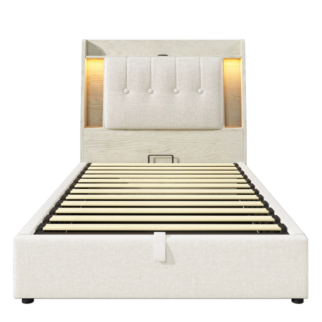 Letto imbottito 90x200 cm con USB Type-C; contenitore ribaltabile e LED; lino beige