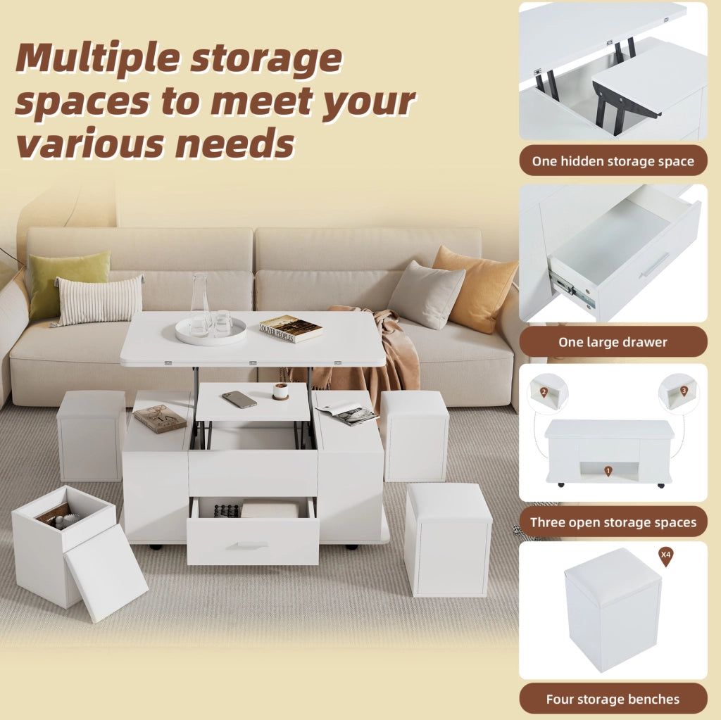 Tavolino da salotto trasformabile 100x50x45 cm in truciolare bianco; con 4 sgabelli contenitori