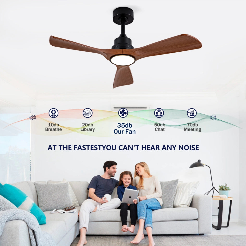Ventilatore da soffitto 42 pollici con luce e telecomando, dimmerabile, design moderno color noce, motore DC silenzioso, per terrazze e uffici