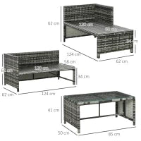 Salotto da Giardino con Divanetto, Chaise Longue e Tavolino in Rattan PE con Cuscini, Grigio