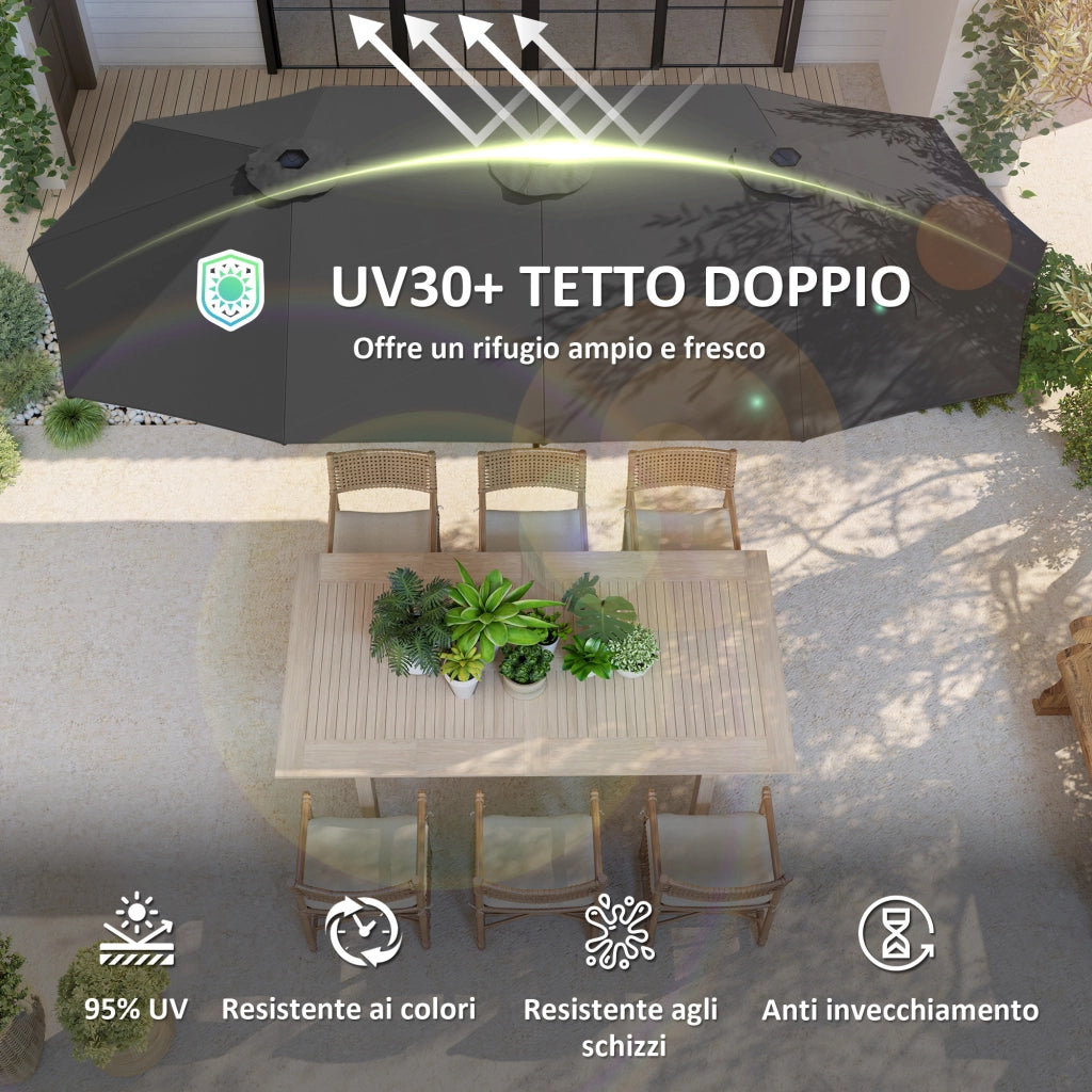 Ombrellone Doppio con Prese d'Aria e Manovella, in Metallo e Poliestere, 4x2.2x2.34 m, Nero e Grigio Scuro