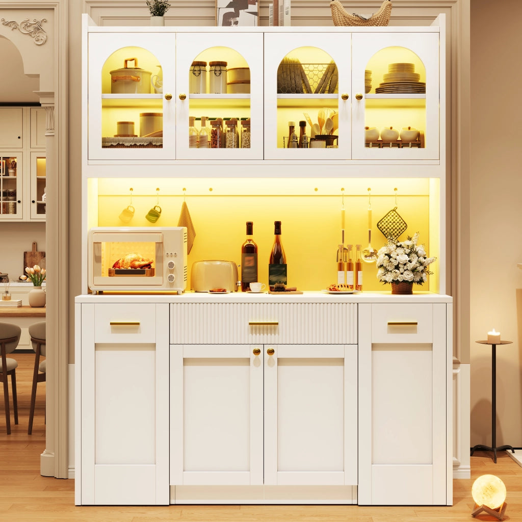 Credenza con 3 vetrine; LED RGB e vani scorrevoli - per cucina - 120x40x187 cm - bianco