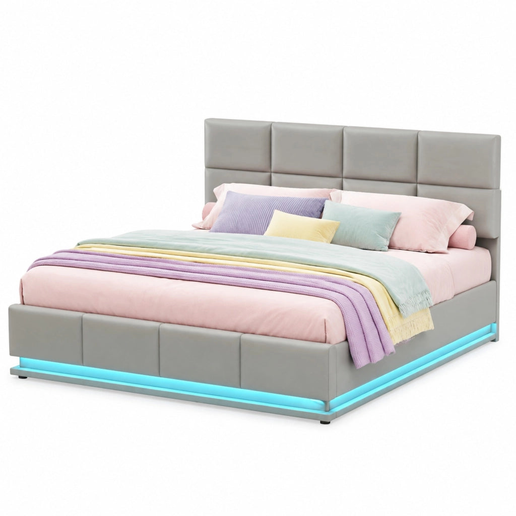 Letto matrimoniale 180x200 cm in pelle PU color cemento; con LED; contenitore e rete a doghe