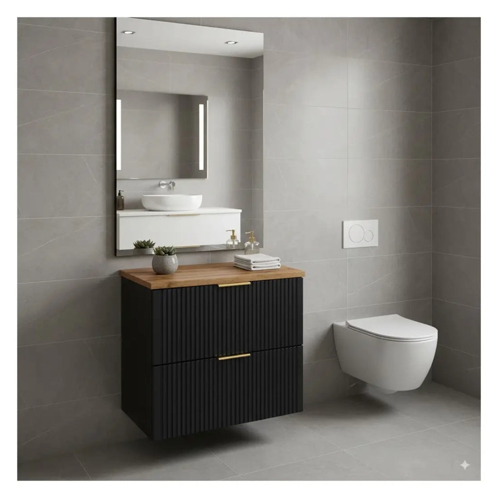 Insieme mobile sottolavabo NOXERA 80 cm – Nero opaco e rovere – 2 cassetti + 2 nicchie + piano per lavabo