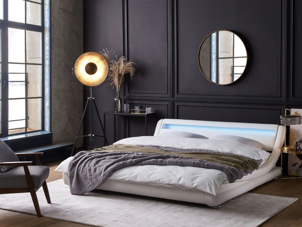 Piattaforma Letto ad acqua in ecopelle bianca 140 cm 6 matrimoniale con accessori per materassi Testiera illuminata a LED