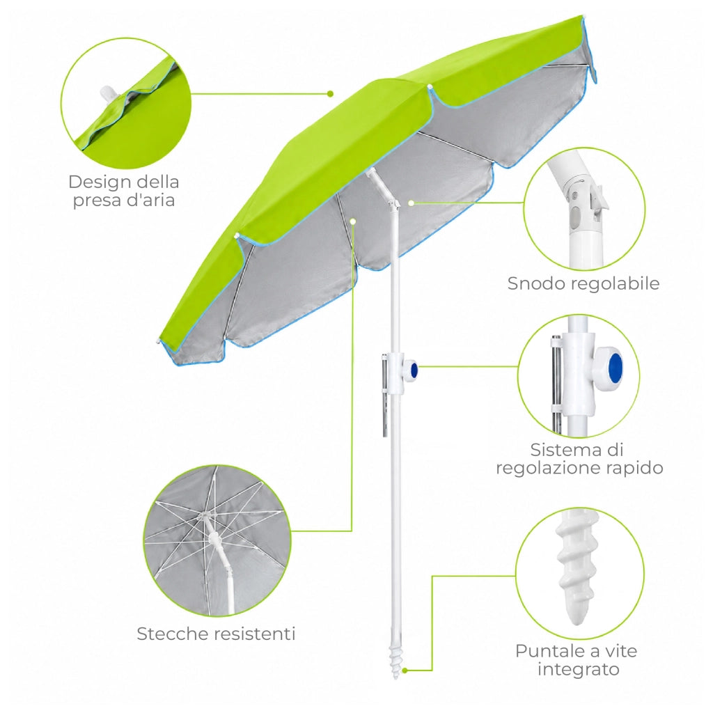 Ombrellone Mare Maxi 220 cm con Protezione UV, Palo a Vite e Inclinazione Regolabile, Parasole da Spiaggia con Presa d'Aria Antivento, Stecche Resistenti e Custodia Trasporto Verde Acido