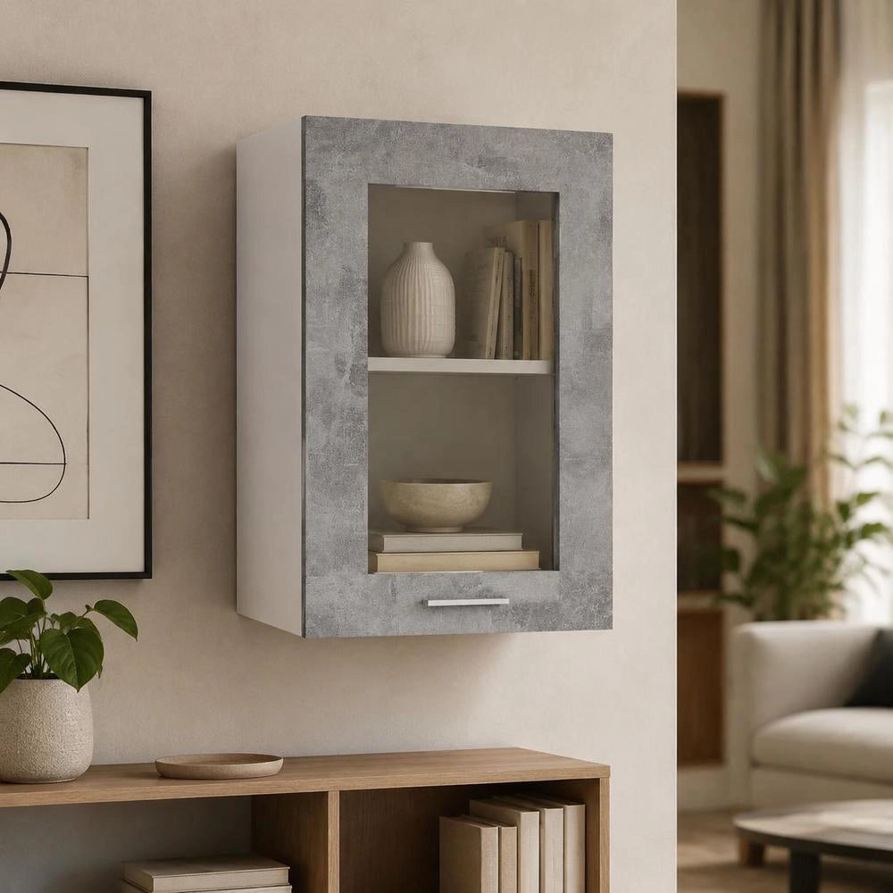 Lyon Wall-mounted Glass Cabinet, Concrete Grey, 40x31x60 Cm, Wood-based Material