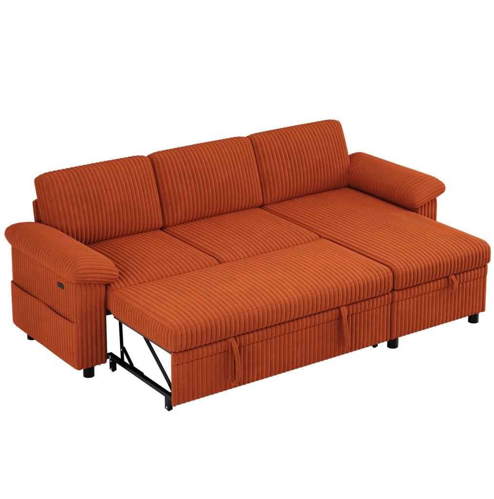 Divano angolare a L con letto estraibile; 212x150 cm; in corduroy arancione