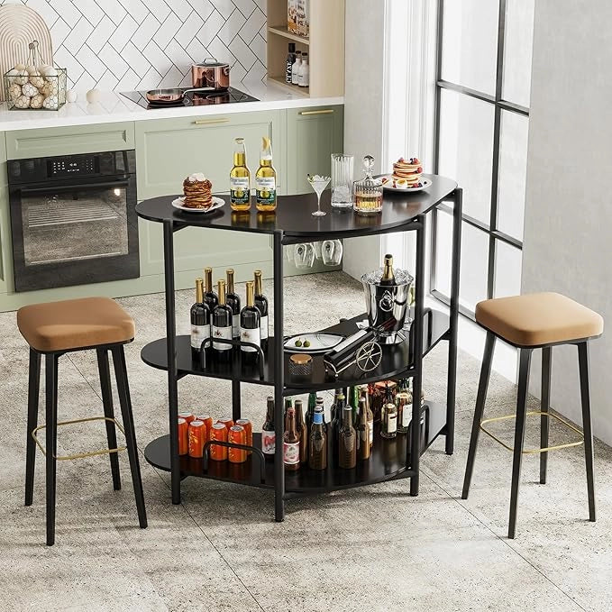 Tavolo da Bar 120 x 66 x 102 cm, Portabottiglie Vino a 3 Ripiani con Portabicchieri e Mensole di Stoccaggio, Isola Cucina Industriale per Bistro (Nero)