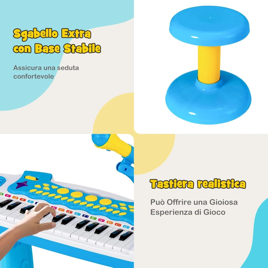 Tastiera Giocattolo a 31 Tasti, Pianoforte Digitale per Bambini, con Microfono Sgabello Luci, Funzioni di Record e Playback, Pianola Bambini con 22 Battiti/8 Toni/7 Ritmi, per 3+ Anni (Blu)