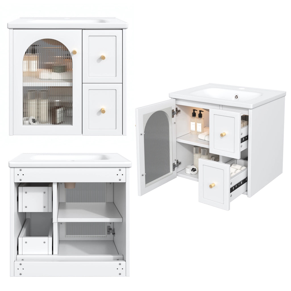 Mobile Bagno Sospeso con Lavabo in Ceramica, LED e Anta in Vetro ¨C MINIMAL ¨C Nero/Bianco