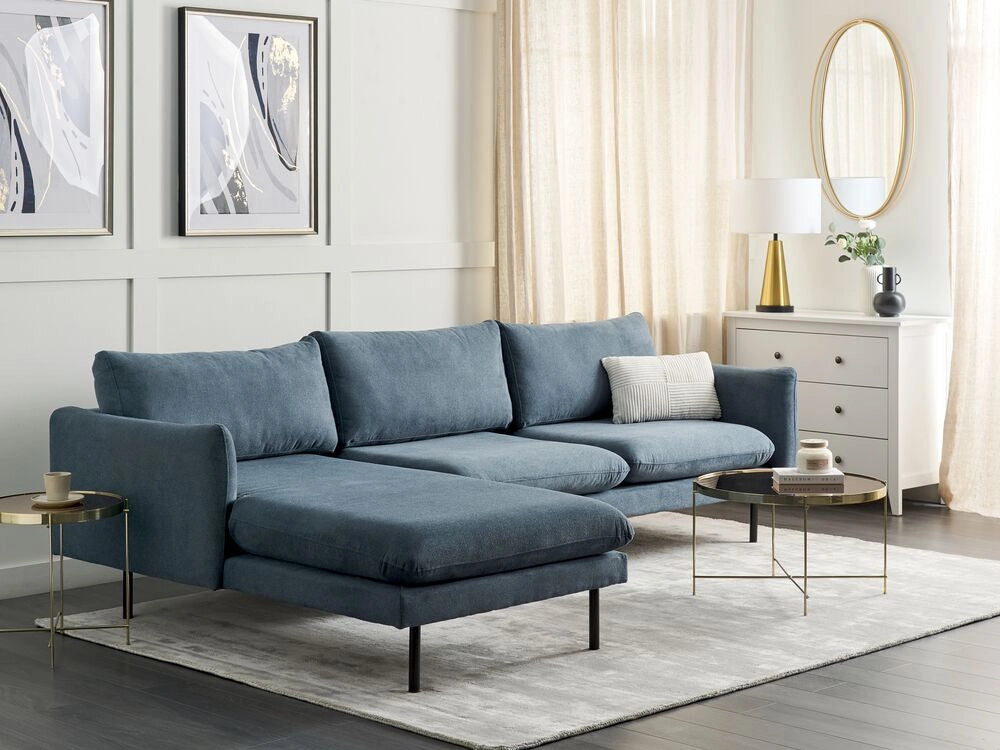 Divano angolare moderno in tessuto di ciniglia blu con gambe nere a 4 posti Stile Retrò Moderno