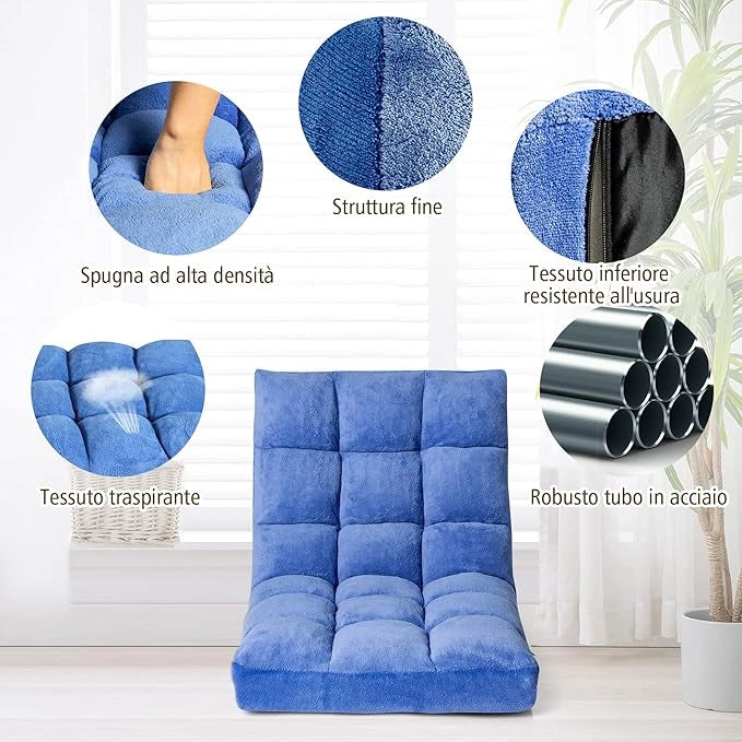 Sedia da Pavimento, Sedia Imbottita Regolabile in 14 Posizioni, Poltrona Salotto per Relax, Yoga, Lettura (Blu)