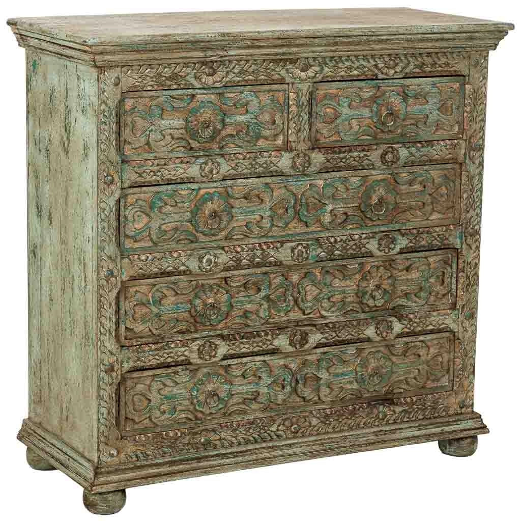 Cómoda de madera artesanal con 5 cajones azul 100x43x95h cm