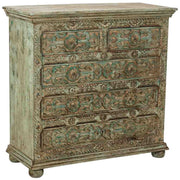 Cómoda de madera artesanal con 5 cajones azul 100x43x95h cm