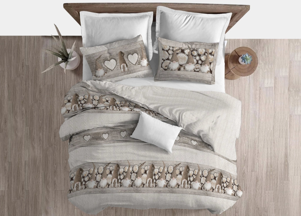 Copripiumino Sacco Piumone Cotone Flanella Pensieri Delicati Disegno Gnomi Elfi - Matrimoniale - Beige