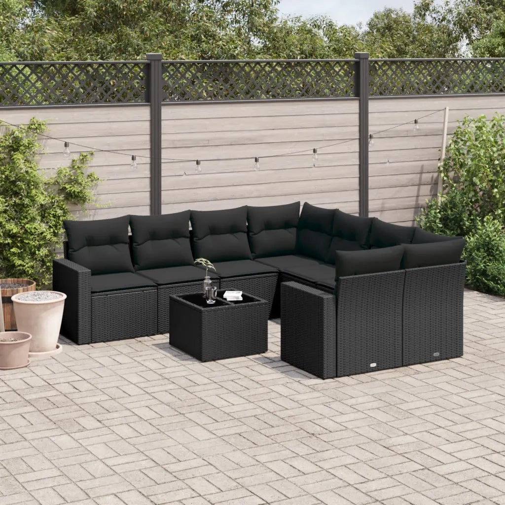 Set Divani da Giardino 9 pz con Cuscini Nero in Polyrattan 3218745