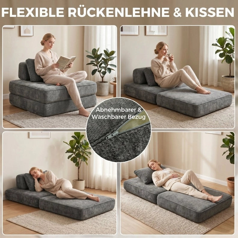 Poltrona Letto Pieghevole 2-in-1 in Chenille Grigia con Cuscino di Supporto Spesso