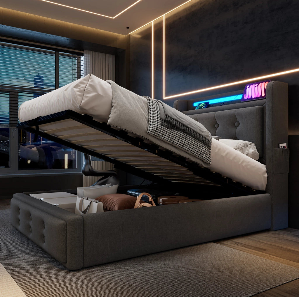 Letto singolo imbottito 90x200 con LED, prese e contenitore sollevabile